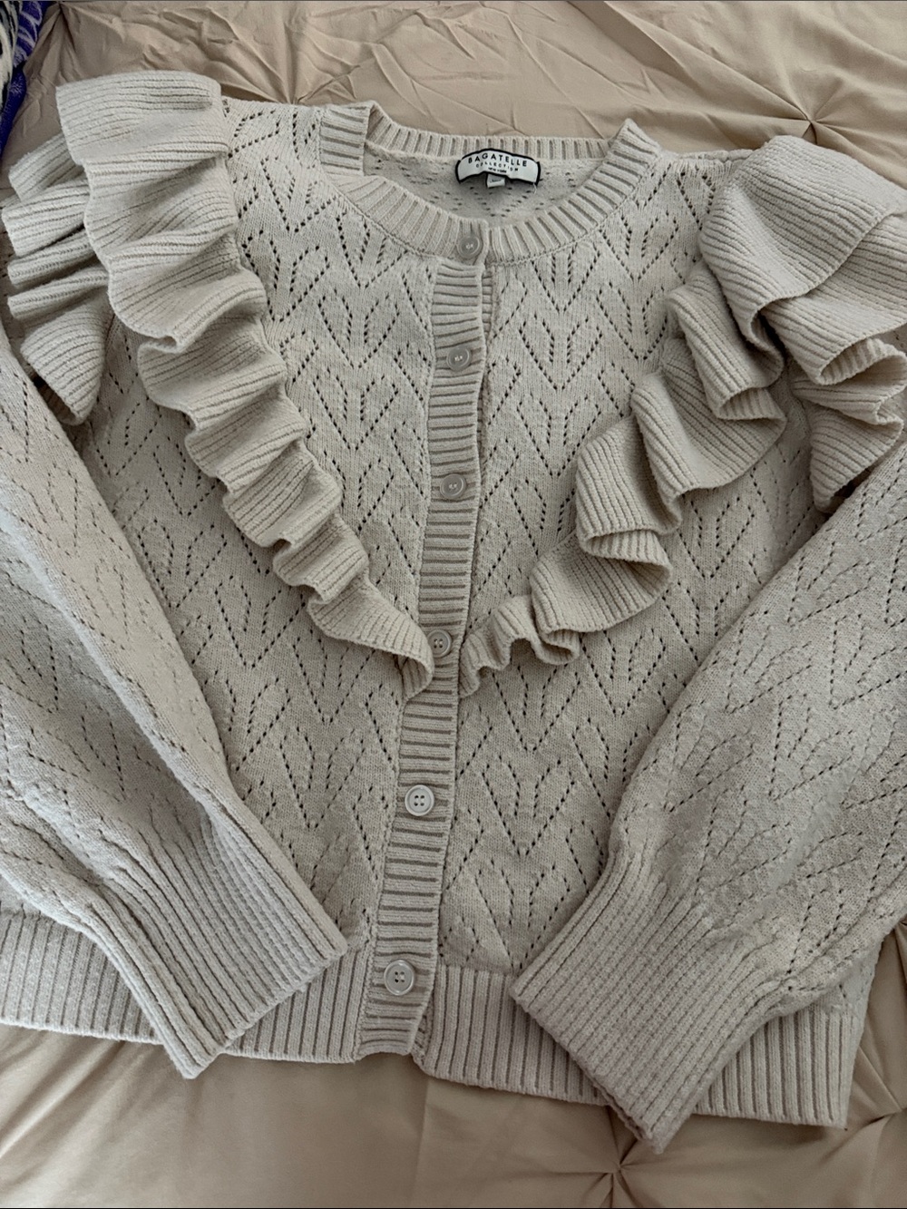 bagatelle Cream Ruffle-Front Knit Cardigan
